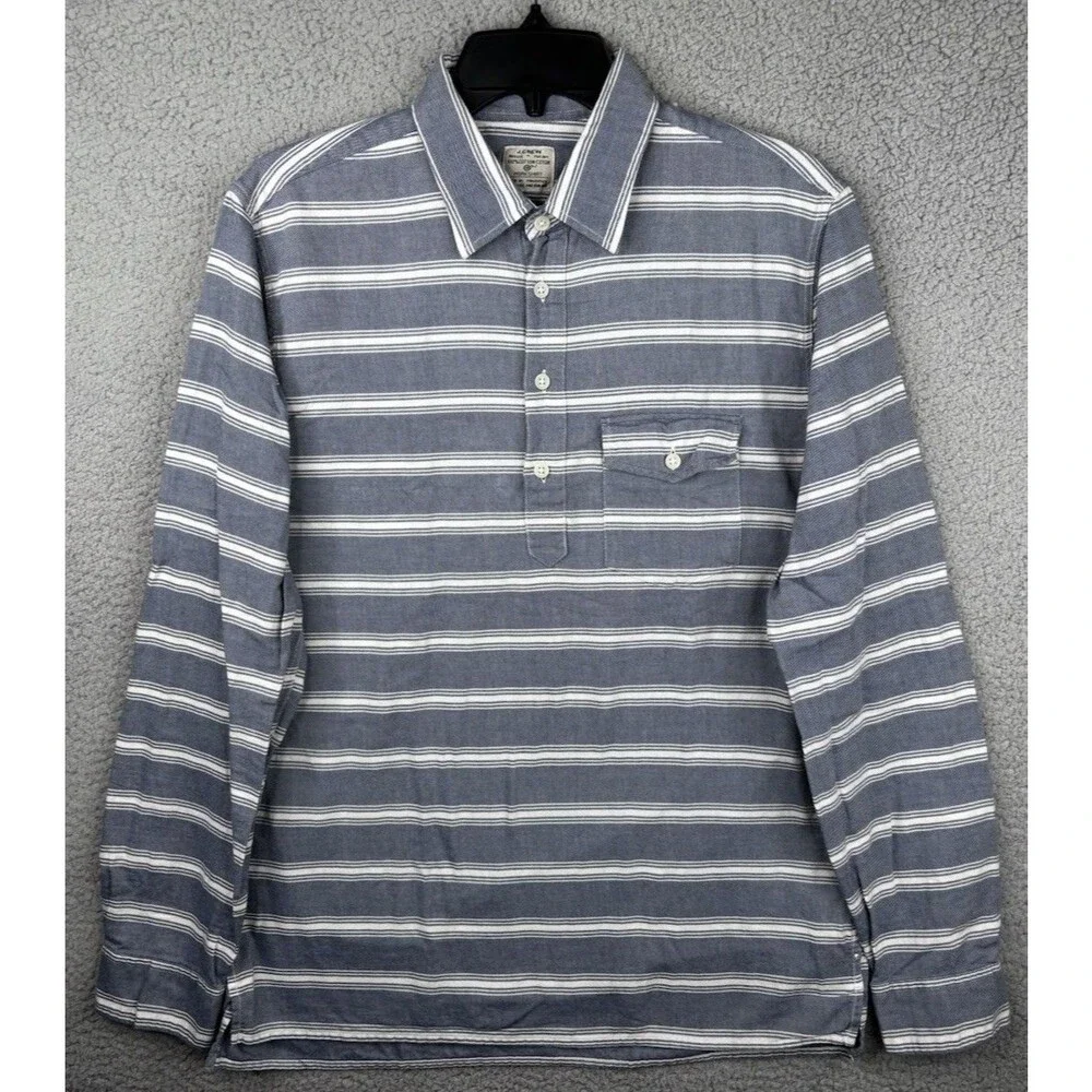J. Crew Camp Collared Shirt Mens Medium Blue White Striped Twill 100% Cotton